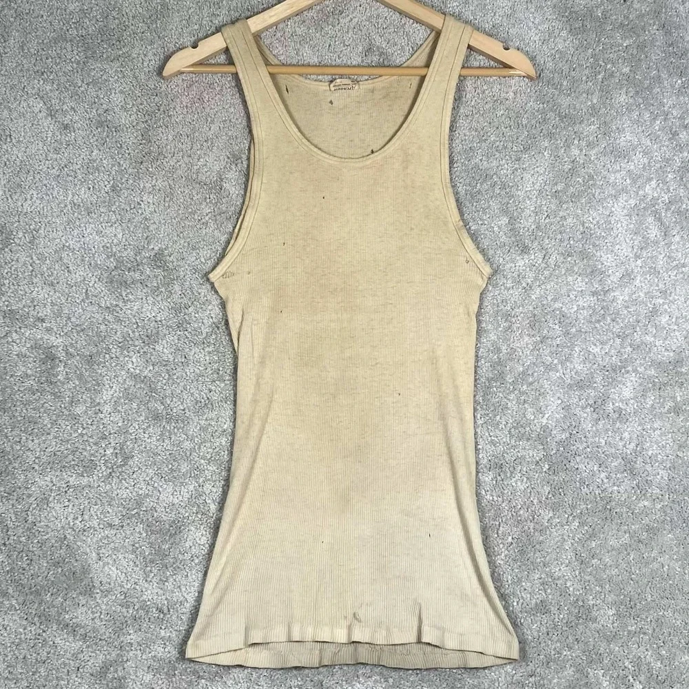 Vintage 60s Archdale Mens Tank Top Beige Cotton Distressed Undershirt Size 44